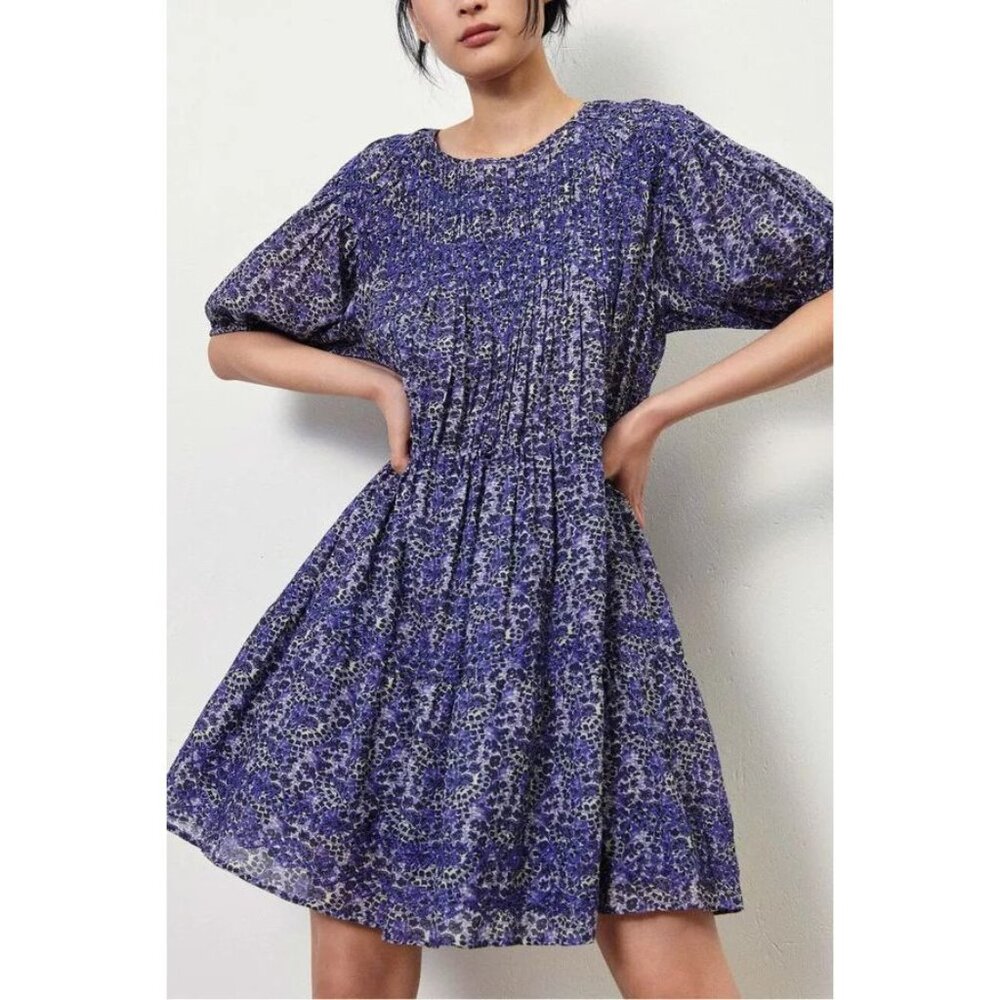 Ba&sh Women's Iris Mini Dress 3/Large Purple Embroidered Floral Puff Sleeve